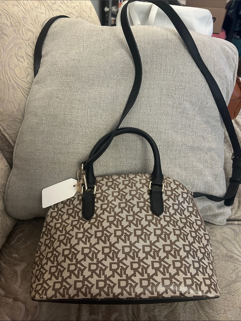 DKNY Brown Monogram Dome Satchel with Black Trim